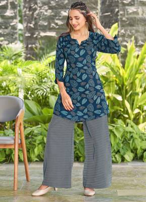 Navy blue leaf print poly cotton fusion wear co-ord set 1