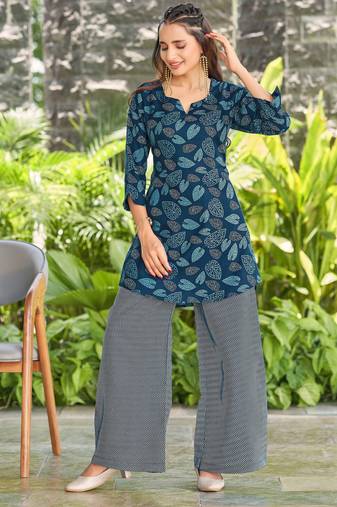 Navy blue leaf print poly cotton fusion wear co-ord set