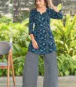 Navy blue leaf print poly cotton fusion wear co-ord set