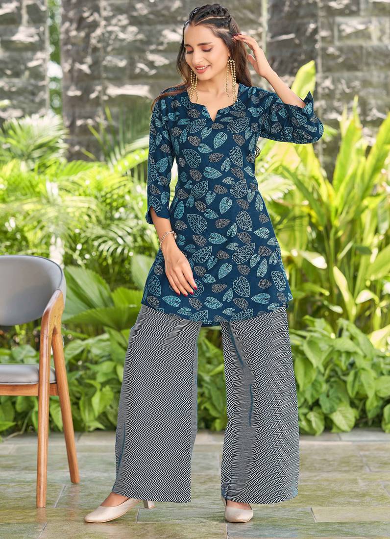 Navy blue leaf print poly cotton fusion wear co-ord set