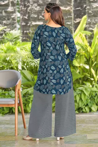 Navy blue leaf print poly cotton fusion wear co-ord set