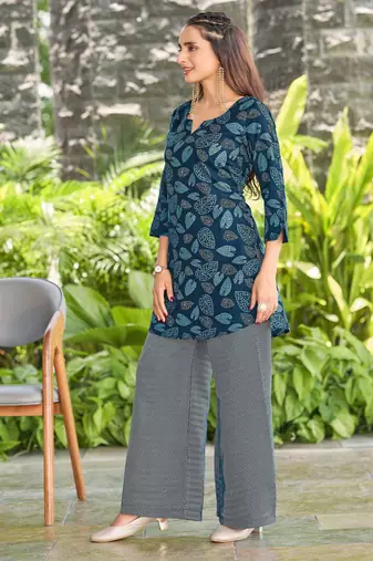 Navy blue leaf print poly cotton fusion wear co-ord set