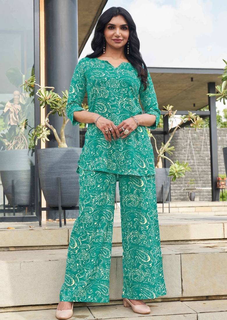 Turquoise blue paisley print rayon relaxed fit co-ord set