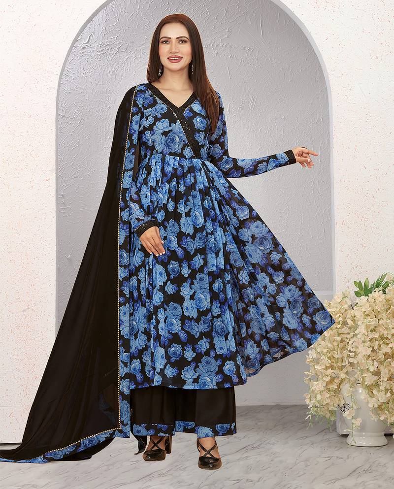 Elegant blue floral printed anarkali kurta set with dupatta