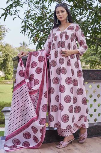Women rani pink printed anarkali kurta set with dupatta