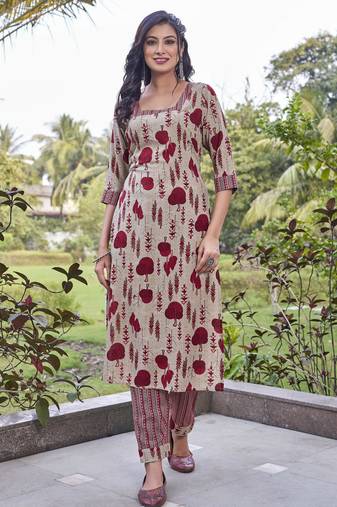 Beige handblock print straight kurta set with printed pants