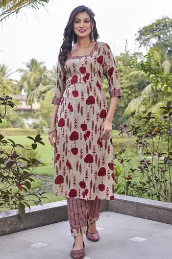 Beige handblock print straight kurta set with printed pants