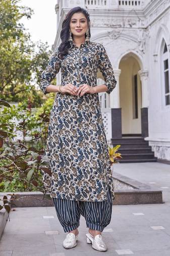 Women turquoise blue printed mandarin collar straight kurta set