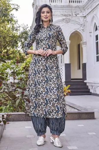 Women turquoise blue printed mandarin collar straight kurta set