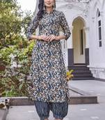 Women turquoise blue printed mandarin collar straight kurta set
