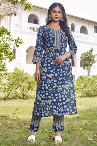 Women turquoise blue floral printed straight kurta set