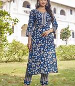 Women turquoise blue floral printed straight kurta set