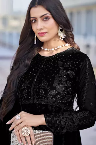 Black georgette sequins work semi stitched salwar suits suits size up to 42
