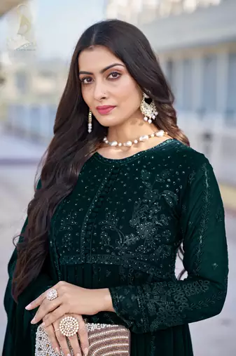 Green georgette sequins work semi stitched salwar suits suits size up to 42