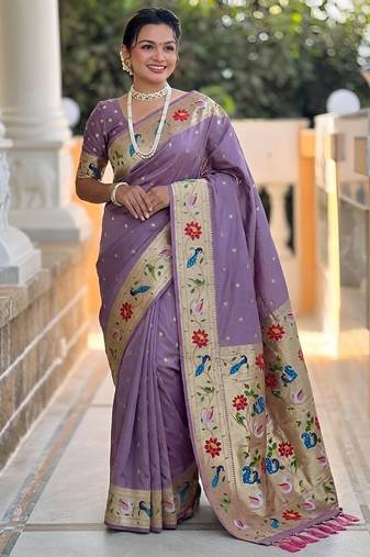 Lavender faux banarasi silk saree with paithani rich weaved pallu and blouse