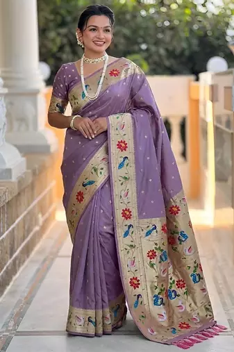 Lavender faux banarasi silk saree with paithani rich weaved pallu and blouse