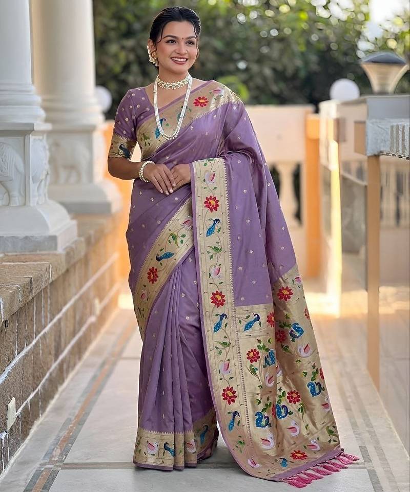 Lavender faux banarasi silk saree with paithani rich weaved pallu and blouse