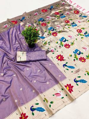 Lavender faux banarasi silk saree with paithani rich weaved pallu and blouse 2