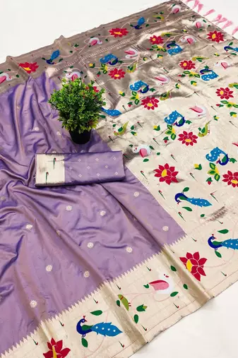 Lavender faux banarasi silk saree with paithani rich weaved pallu and blouse