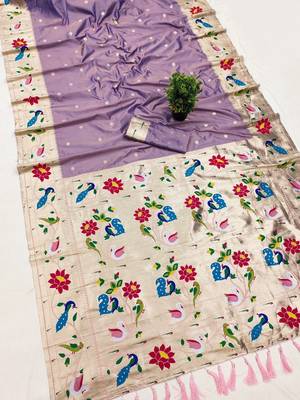 Lavender faux banarasi silk saree with paithani rich weaved pallu and blouse 3