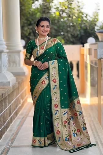 Green  faux banarasi silk saree with paithani rich weaved pallu and blouse