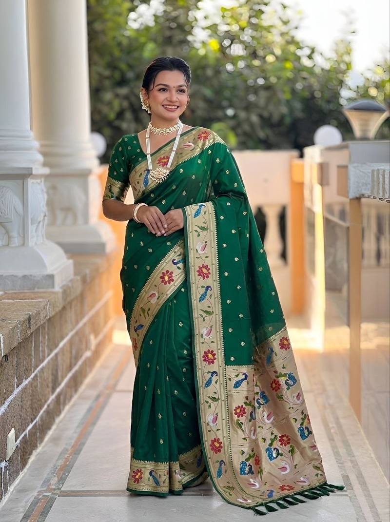 Green  faux banarasi silk saree with paithani rich weaved pallu and blouse