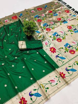Green faux banarasi silk saree with paithani rich weaved pallu and blouse 2
