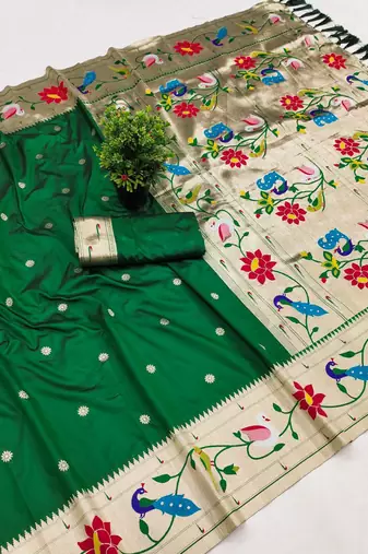 Green faux banarasi silk saree with paithani rich weaved pallu and blouse