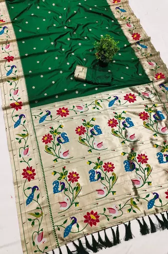 Green faux banarasi silk saree with paithani rich weaved pallu and blouse