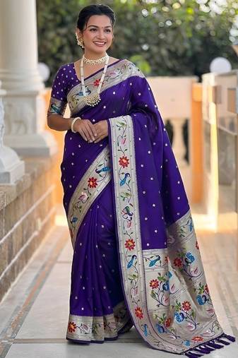 Violet  faux banarasi silk saree with paithani rich weaved pallu and blouse