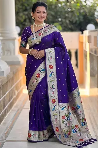 Violet  faux banarasi silk saree with paithani rich weaved pallu and blouse