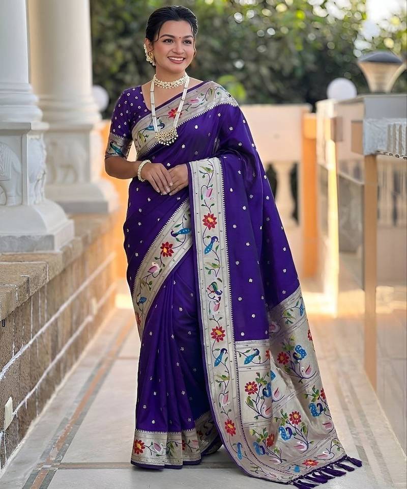 Violet  faux banarasi silk saree with paithani rich weaved pallu and blouse