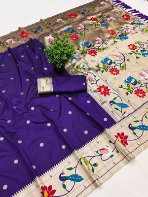 Violet faux banarasi silk saree with paithani rich weaved pallu and blouse 2