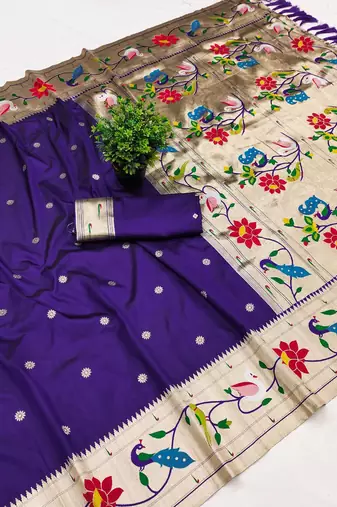Violet faux banarasi silk saree with paithani rich weaved pallu and blouse