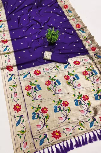 Violet faux banarasi silk saree with paithani rich weaved pallu and blouse