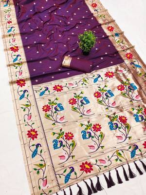 Wine faux banarasi silk saree with paithani rich weaved pallu and blouse 3