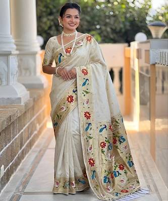 Off white faux banarasi silk saree with paithani rich weaved pallu and blouse 1
