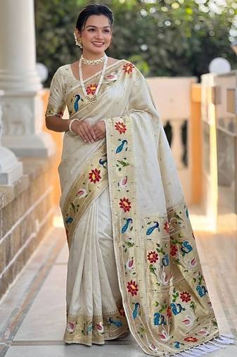 Off white faux banarasi silk saree with paithani rich weaved pallu and blouse