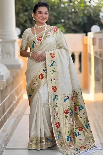 Off white faux banarasi silk saree with paithani rich weaved pallu and blouse