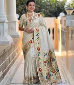 Off white faux banarasi silk saree with paithani rich weaved pallu and blouse