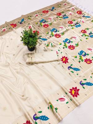 Off white faux banarasi silk saree with paithani rich weaved pallu and blouse 2