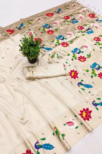 Off white faux banarasi silk saree with paithani rich weaved pallu and blouse