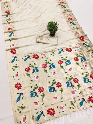 Off white faux banarasi silk saree with paithani rich weaved pallu and blouse 3