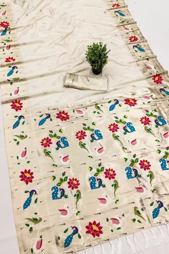 Off white faux banarasi silk saree with paithani rich weaved pallu and blouse