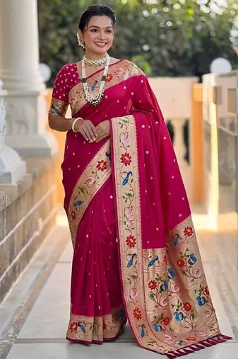 Pink  faux banarasi silk saree with paithani rich weaved pallu and blouse