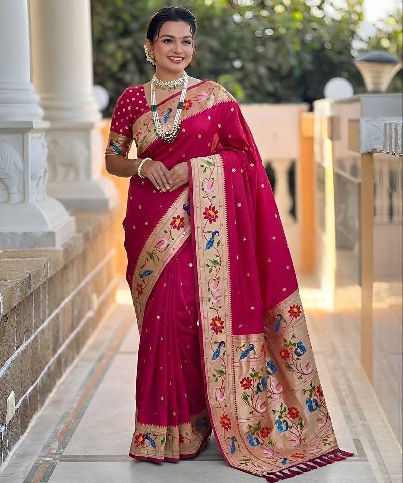 Pink  faux banarasi silk saree with paithani rich weaved pallu and blouse