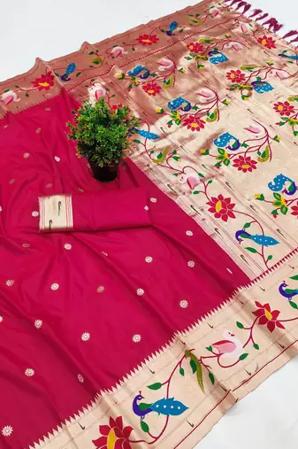 Pink faux banarasi silk saree with paithani rich weaved pallu and blouse