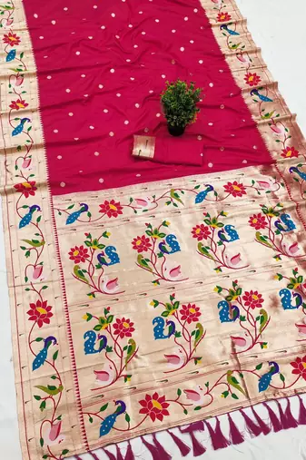Pink faux banarasi silk saree with paithani rich weaved pallu and blouse