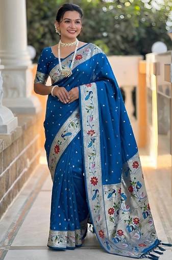 Teal blue  faux banarasi silk saree with paithani rich weaved pallu and blouse