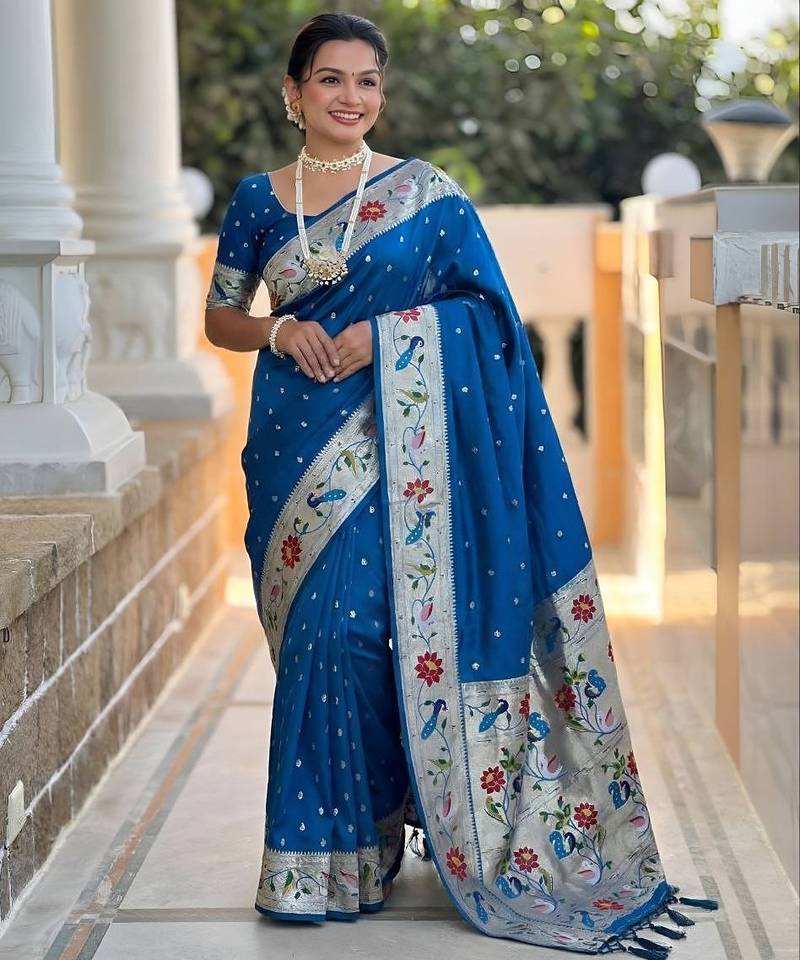 Teal blue  faux banarasi silk saree with paithani rich weaved pallu and blouse